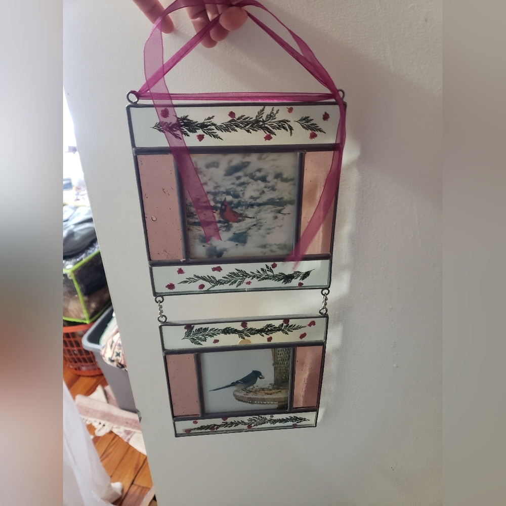 2000 Burnes Of Boston Pink and Clear Stained Glass Hanging Dual Picture Frame